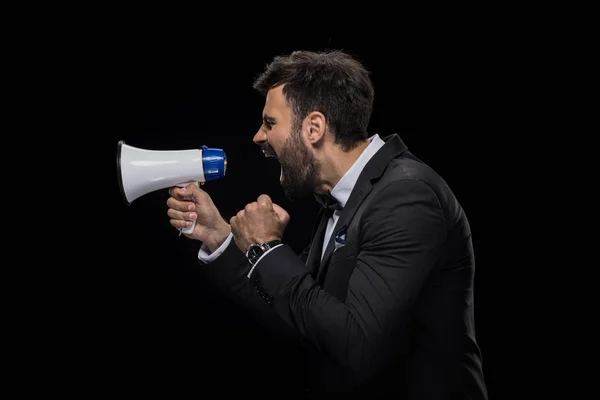 Hombre de negocios gritando en megáfono - foto de stock