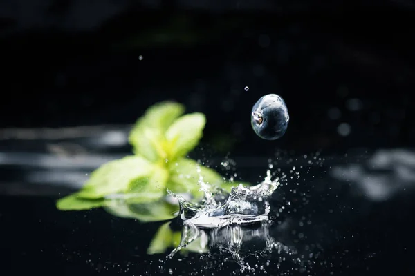 Mirtilo maduro caindo na água — Fotografia de Stock