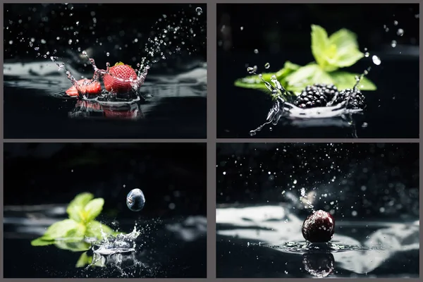 Verschiedene Beeren fallen ins Wasser — Stockfoto