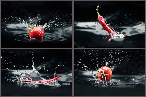 Pomodori e peperoni che cadono in acqua — Foto stock