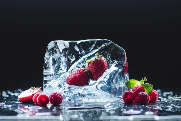 Bayas maduras con cubo de hielo - foto de stock