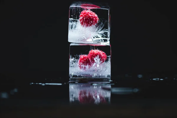 Framboesas congeladas em cubos de gelo — Fotografia de Stock