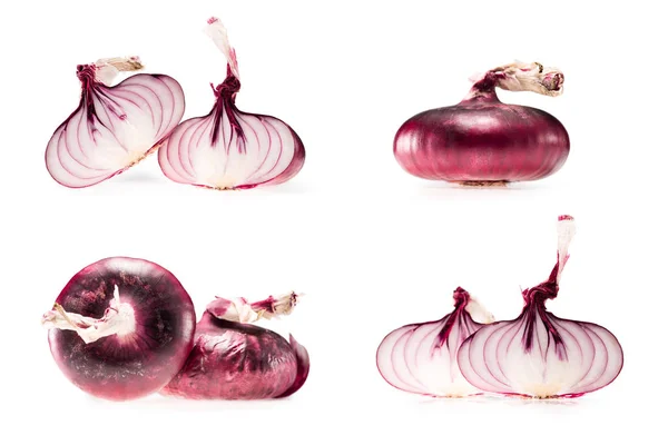 Collage aus frischen reifen Zwiebeln und Hälften — Stockfoto