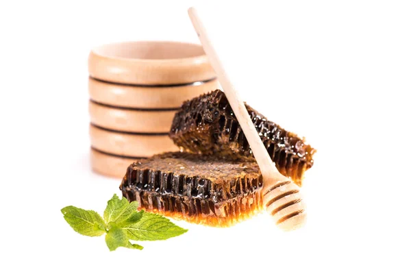 Honeycombs and wooden honey dipper — Stock Photo