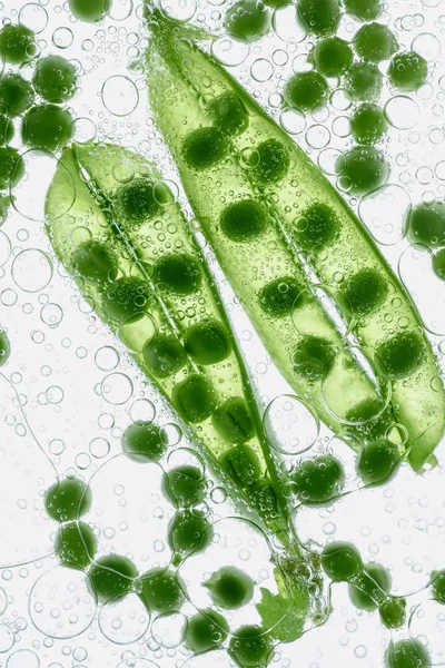 Grüne Erbsen, die im Wasser treiben — Stockfoto