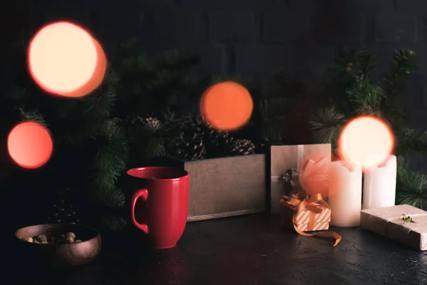 Ceramic cup and christmas decorations — Stock Photo