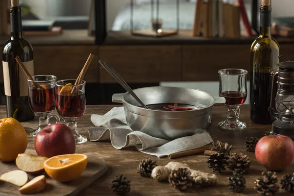 Steel pot with homemade mulled wine — Stock Photo