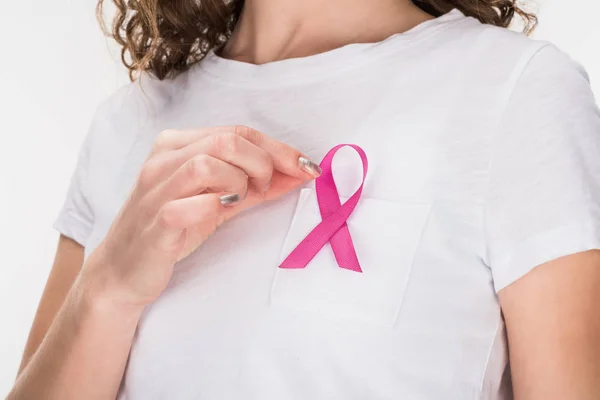 Woman with breast cancer ribbon — Stock Photo