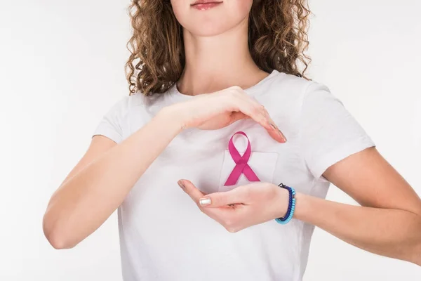 Mujer con cinta rosa de cáncer de mama — Stock Photo