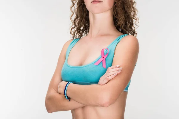 Donna con nastro cancro al seno — Foto stock