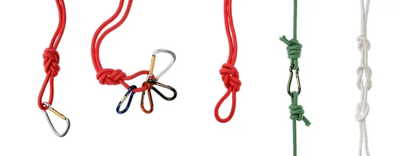 Ropes with knots, loops and carabiners — Stock Photo