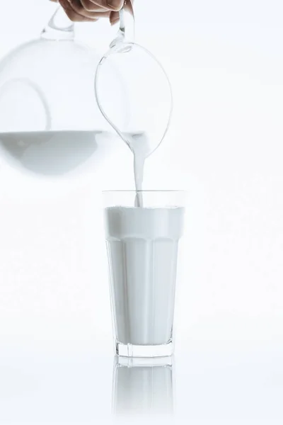 Verter la leche del frasco en un vaso - foto de stock