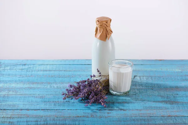 Garrafa e copo de leite — Fotografia de Stock