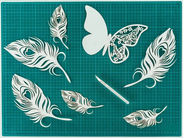 Top view of cut paper butterfly and feathers on turquoise scale — Stock Photo