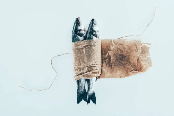 Close-up view of delicious healthy fish in paper with rope isolated on grey — Stock Photo