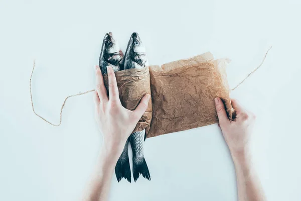 Cropped shot of hands wrapping sea fish in paper and tying with rope on grey — Stock Photo