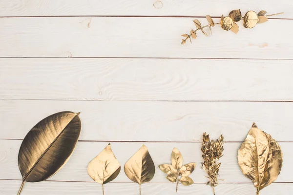 Top view of set of different golden leaves on wooden tabletop — Stock Photo