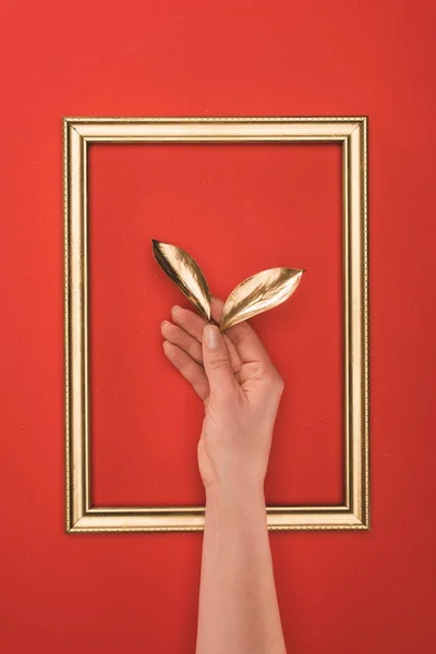 Partial view of photo frame and female hand holding golden leaves isolated on red — Stock Photo