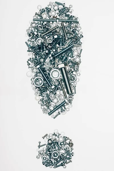 Top view of mechanic details arranged in exclamation mark isolated on white — Stock Photo