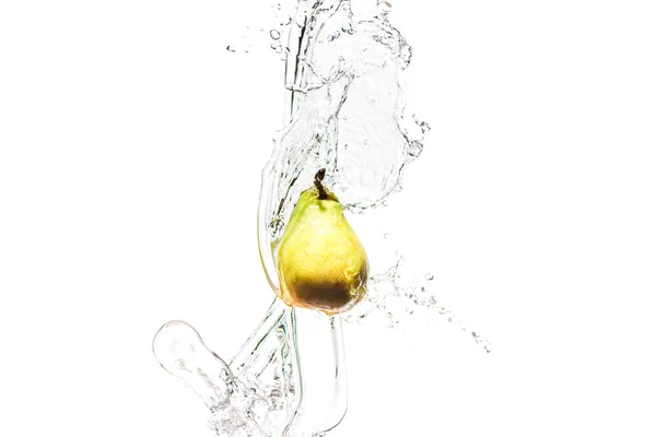 Fresh ripe pear in water splashes isolated on white — Stock Photo