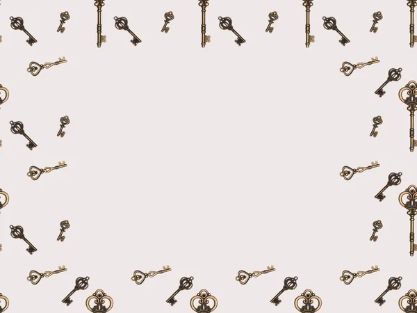Вид сверху различных металлических ключей рамка изолирована на белом — стоковое фото