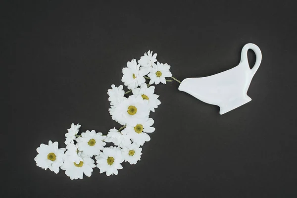 Vue de dessus de théière blanche avec des fleurs de marguerite sur fond noir — Photo de stock