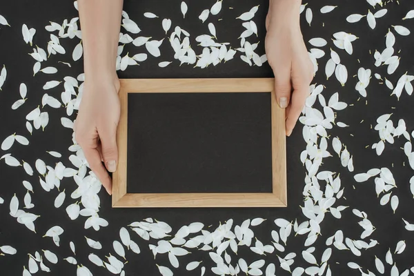 Vista superior das mãos femininas cortadas segurando quadro com pétalas sobre fundo preto — Fotografia de Stock