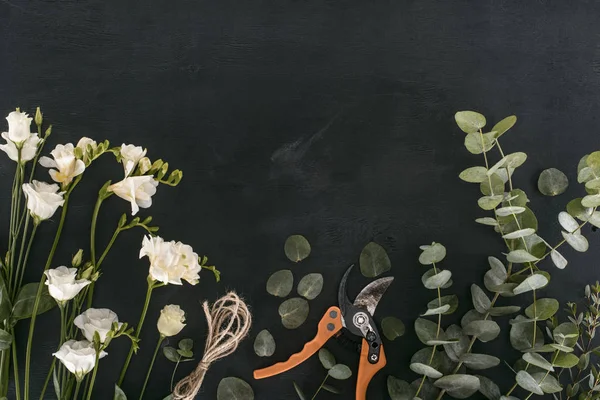 Vue de dessus des fleurs d'eustomes avec des feuilles d'eucalyptus et des cisailles de jardin sur fond noir — Photo de stock