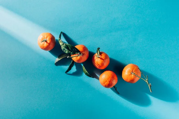 Верхний вид мандаринов с листьями на голубой поверхности — стоковое фото