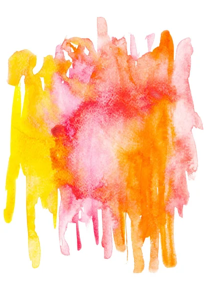 Peinture abstraite avec taches et traits de peinture aquarelle rouge, rose, orange et jaune sur blanc — Photo de stock