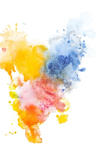 Pintura abstracta con manchas de pintura de acuarela roja, amarilla y azul sobre blanco - foto de stock