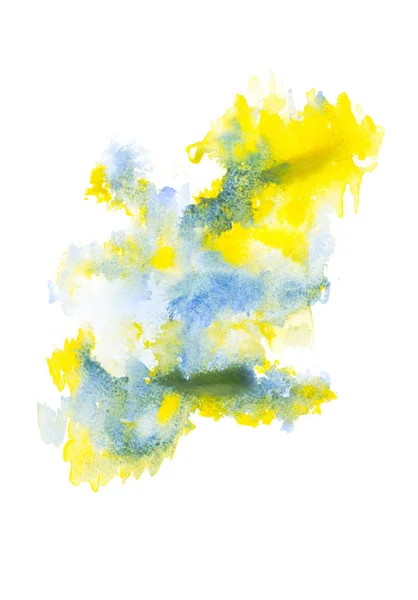 Pintura abstrata com manchas de tinta aquarela azul e amarela sobre branco — Fotografia de Stock