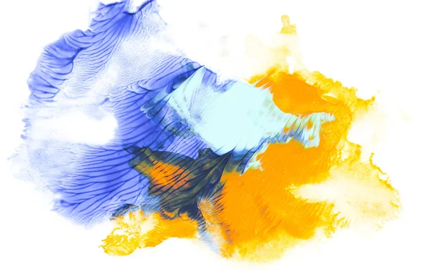 Абстрактная живопись синим и желтым штрихами краски на белом — стоковое фото