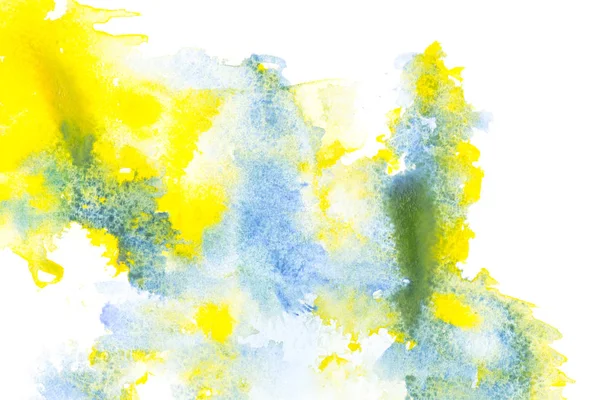 Pintura abstrata com manchas de tinta aquarela azul e amarela sobre branco — Fotografia de Stock