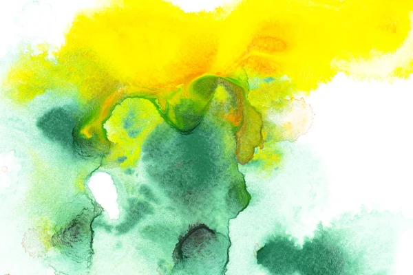 Pintura abstrata com manchas de tinta aquarela verde e amarela sobre branco — Fotografia de Stock