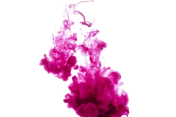 Vista close-up de respingos de tinta rosa brilhante isolado no branco — Fotografia de Stock