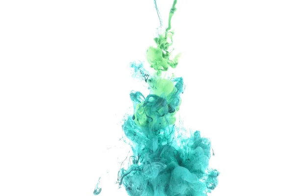 Close up view of green and blue paint splashes isolated on white — Stock Photo