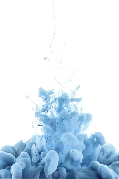 Close up view of mixing of blue and white paint splashes isolated on white — Stock Photo