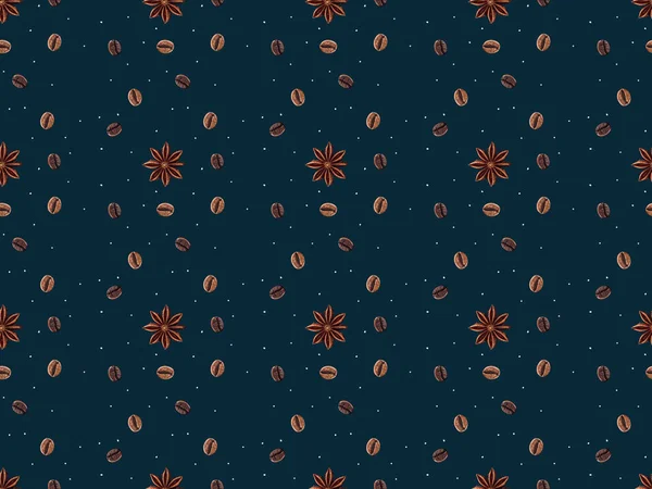 Cadre complet d'arrangement des étoiles d'anis et grains de café torréfiés isolés sur la surface sombre — Photo de stock