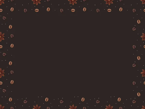Вид сверху на рамку из кофейных зерен и анисовых звезд, изолированных на коричневом — стоковое фото