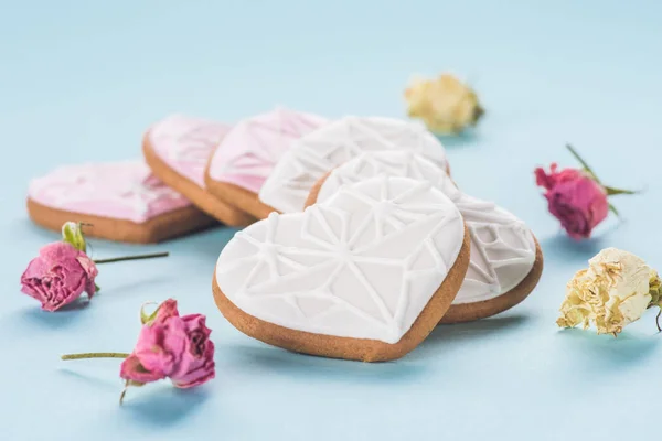 Vista de cerca de las galletas en forma de corazón y flores decorativas aisladas en azul - foto de stock