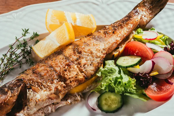 Baked fish with lemon and herbs on white plate with salad — Stock Photo