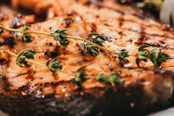 Vista de perto do peixe de salmão grelhado com tomilho — Fotografia de Stock