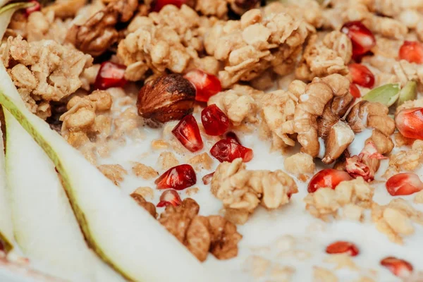 Close up view of homemade granola with milk — Stock Photo