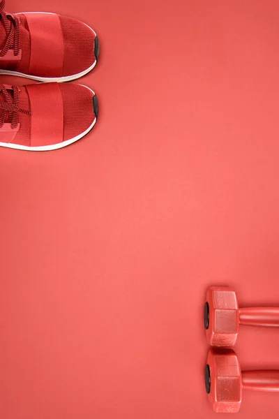 Equipamiento deportivo con zapatillas y mancuernas aisladas en rojo - foto de stock