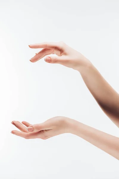 Plan recadré de femme faisant semblant de tenir quelque chose dans les mains avec un espace de copie isolé sur blanc — Photo de stock