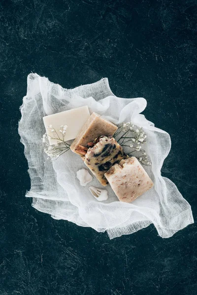 Top view of natural homemade soap on gauze — Stock Photo