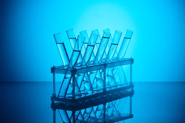 Tubos de vidrio con líquido sobre soporte en laboratorio químico sobre azul - foto de stock