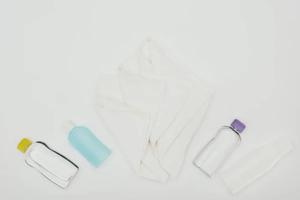 Top view of bathroom accessories and towel isolated on white — Stock Photo