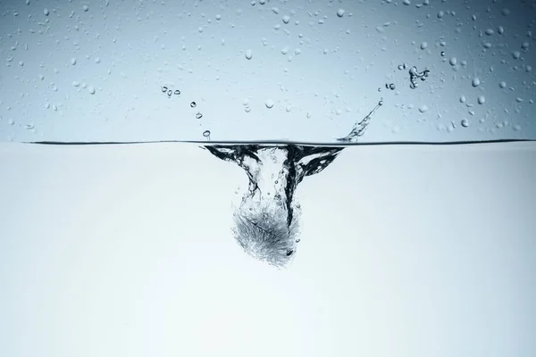 Cubo de gelo em água com gotas, isolado sobre branco — Fotografia de Stock